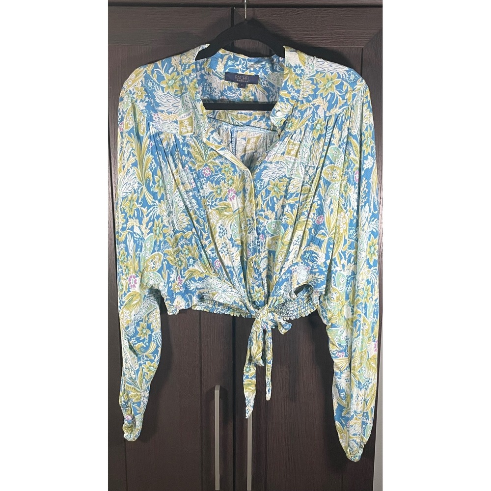 Rachel Rachel Roy Floral Paisley Tie Front Cropped Blouse Blue Green XL